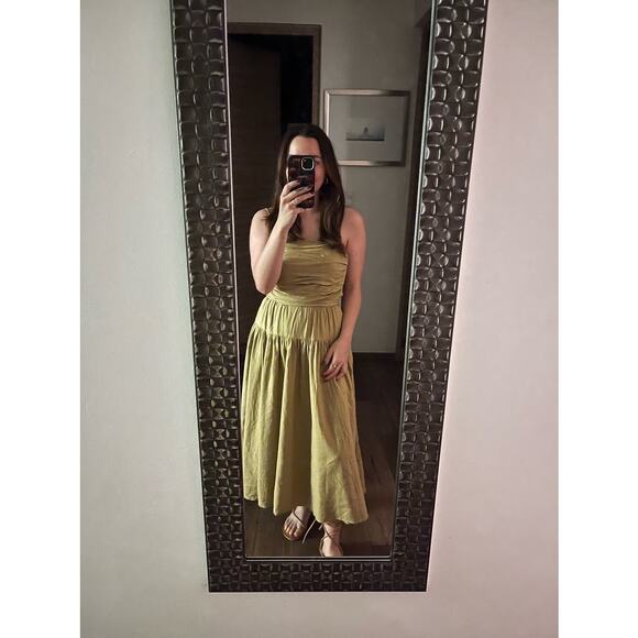 TOCCIN x RTR Brown Khaki Square Neck Ruched Bodice Tie Waist Midi Dress Size 8 - Picture 11 of 11